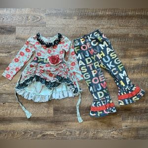 Mustard Pie Girls Floral & Alphabet Dress/ Tunic And Ruffled Pants Size 6